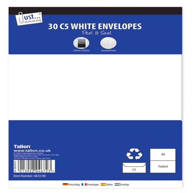 JUST STATIONERY 30 C5 ENVELOPES PEEL & SEAL WHITE - The Fusion Mart UK