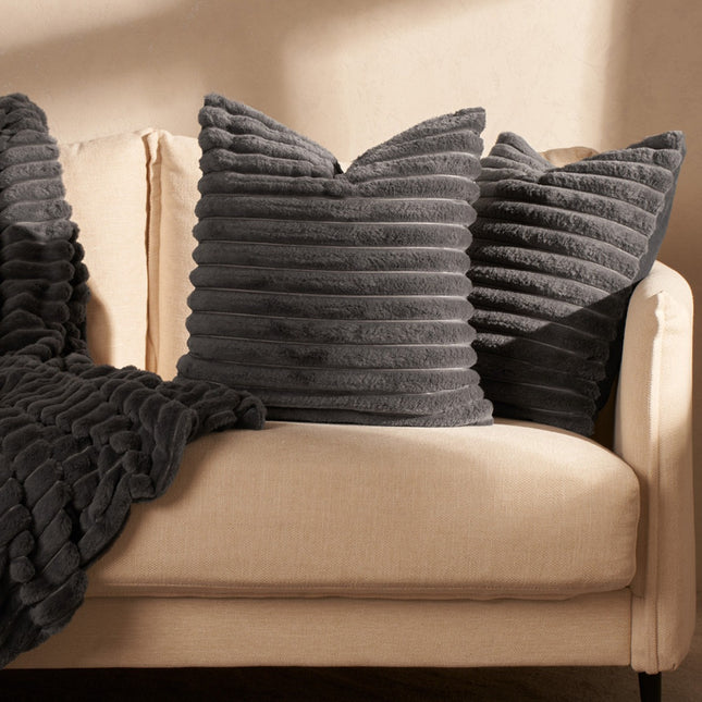 FAUX FUR THICK RIBBED CUSHION COVER CHARCOL - The Fusion Mart UK