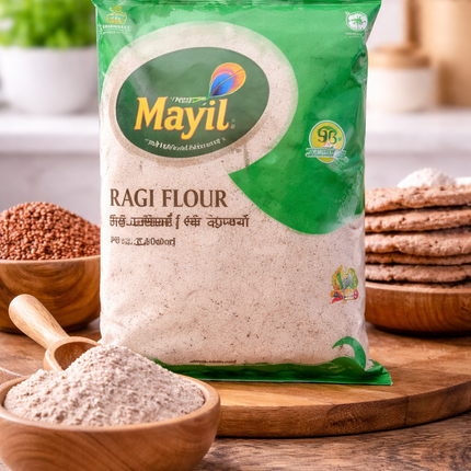 Home Foods Asia Raggi Flour 900g package, showing a bag of traditional Indian Raggi flour on a plain background.