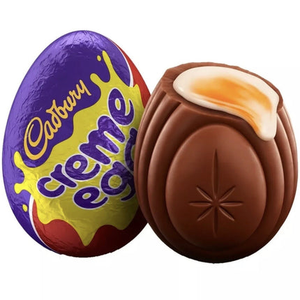 Cadbury Cream Egg by The Fusion Mart UK, showing a chocolate egg with creamy filling inside, on a plain background.