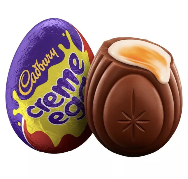 Cadbury Cream Egg by The Fusion Mart UK, showing a chocolate egg with creamy filling inside, on a plain background.