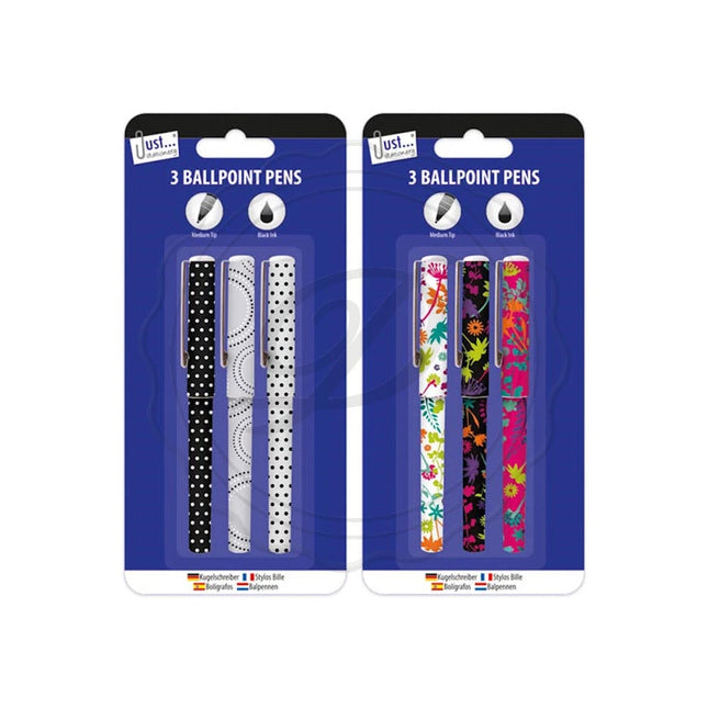 Just Stationery Designer Black Ink Ballpoint Pens 3 Pack Assorted - The Fusion Mart UK