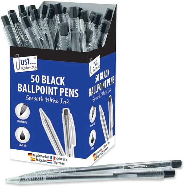 Just Stationery Smooth Write Black Ballpoint Pens 50 Pack