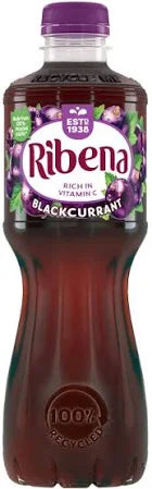 Black currant Ribena drink in a plastic bottle from The Fusion Mart UK, shown with vibrant black currant flavor details.