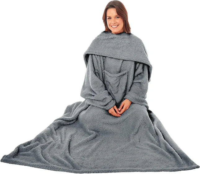 ULTRA SOFT WEARABLE BLANKET WITH SLEEVES CHARCOL - The Fusion Mart UK